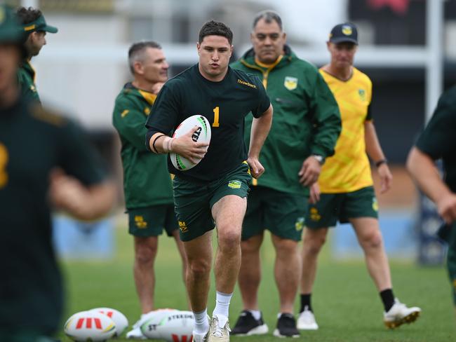 Mal Meninga watches Mitchell Moses go through his paces at Kangaroos training. Picture: NRL Imagery