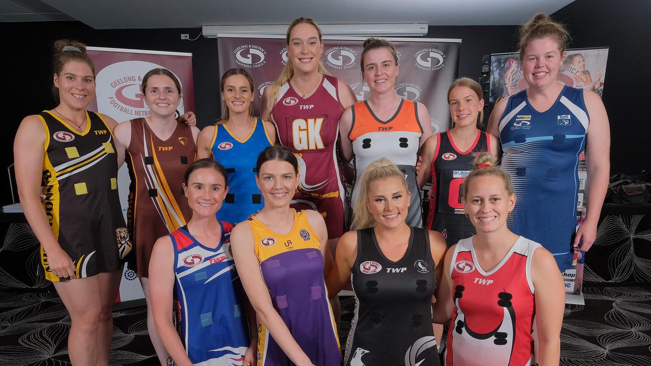 GDFL season launch. Netball : from left back row : Erin Dillon from Bannockburn , Kelsey Whyte from Inverleigh Hawks, Elonie OÃ&#149;Brien from Belmont Lions ,Steph Boyce from East Geelong , Ellie Trewin from Geelong West Giants ,Tanetta Cassidy from Anakie and Melody Philpott from Winchelsea. Front row from left : Monique Grozdanovski from Bell Post Hill ,Emma Witham from Thomson ,Bree Hearn from Nth Geelong and Shayna Brown from Corio Picture: Mark Wilson