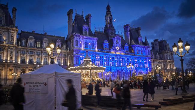 A Covid testing tent at the Christmas Village at Hotel de Ville as Parisians enjoy New Year's Eve before an 8pm citywide curfew on December 31, 2020 in Paris, France. Picture: Getty