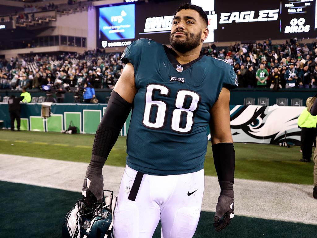 Philadelphia Eagles offensive tackle Jordan Mailata (68) reacts walking off  the field against the New York