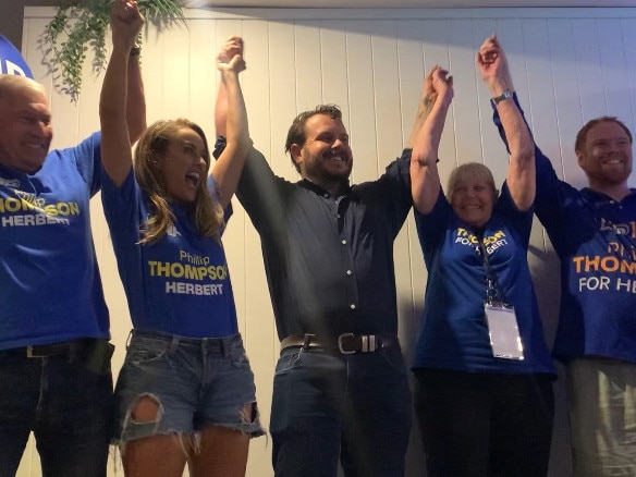 Phillip Thompson celebrates with his team after securing the seat for Herbert for a third term during the 2025 Federal Election.