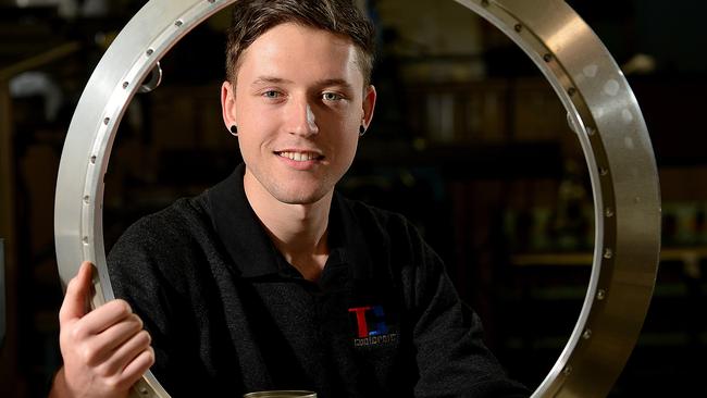 Toolcraft trade assistant Brandon Lahne at the company's Holden Hill factory, was surprised at how tiring his job would be. For 5000 Jobs in 50 Days network editorial campaign. Story is about the culture shocks that young people get when they start their first job. Picture: Bianca De Marchi