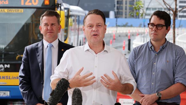 Lord Mayor Adrian Schrinner talks to media at Cultural Centre Station on Sunday to announce new bus routes for Brisbane. Picture: Lachie Millard