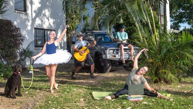 Esmerelda Farquharson-Selby practises ballet and mum Heidi does pilates as dad Jim works on his guitar playing and brother Hamish enjoys screen time. Picture: Dave Gleeson / Surfshots