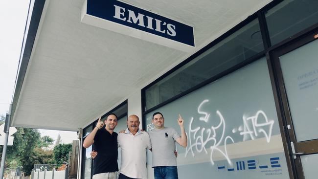 John, Emil and George El-Khoury in front of Emil's Cafe in Pascoe Vale. Picture: Adam Daunt