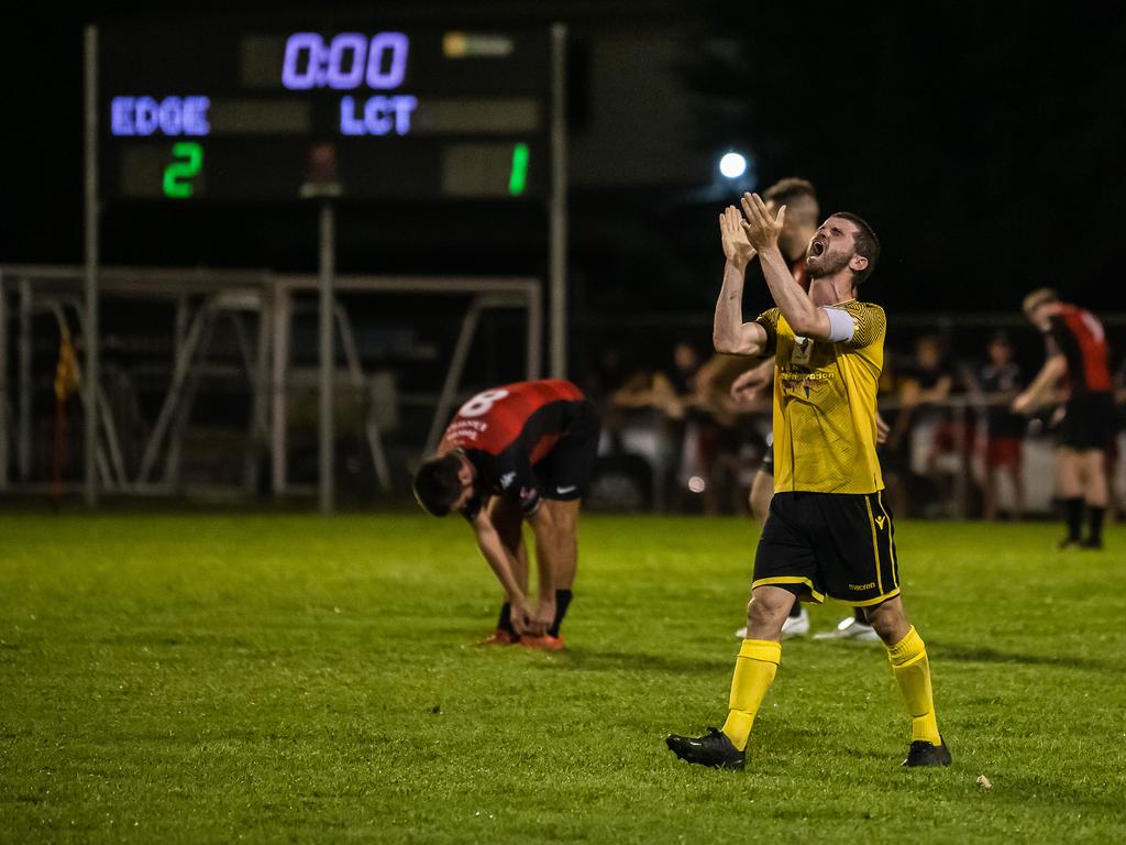 Josh De Nittis celebrates the Edge Hill United Win in Saturdays FNQ Premier League Grand final at Endeavour Park. Picture: Emily Barker