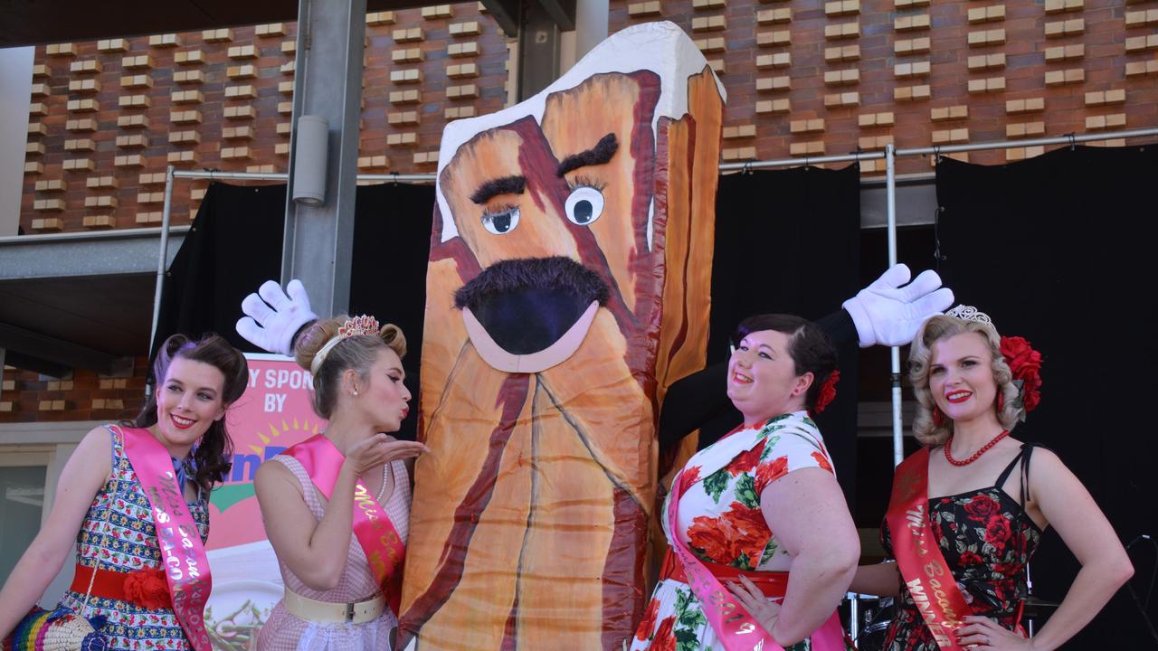 Miss Maizie May, Barbie Banks, Baconman, Mya Dia Monte and Bettie Butcher at the Miss BaconFest pageant.