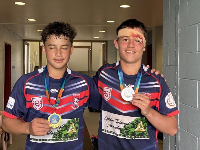 Cooper Dockrill and Beckett Fry of Atherton Roosters after the Far North Queensland Rugby League under 15s grand final against Kangaroos at Barlow Park. Picture: Jake Garland