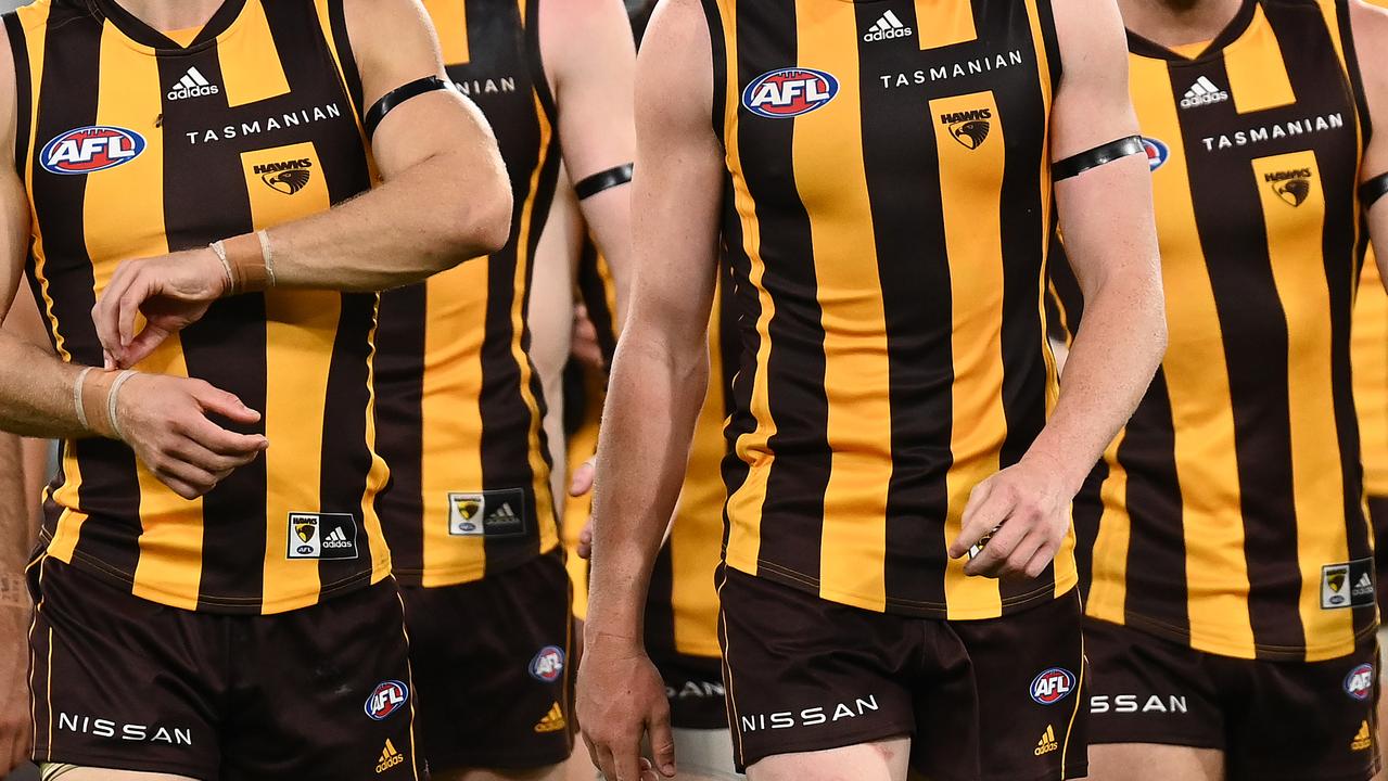 MELBOURNE, AUSTRALIA - APRIL 10: The Hawks look dejected after losing the round four AFL match between the Hawthorn Hawks and the St Kilda Saints at Melbourne Cricket Ground on April 10, 2022 in Melbourne, Australia. (Photo by Quinn Rooney/Getty Images)