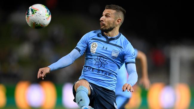 Sydney FC’s Kosta Barbarouses scored the only goal of the match against the Mariners. Picture: AAP