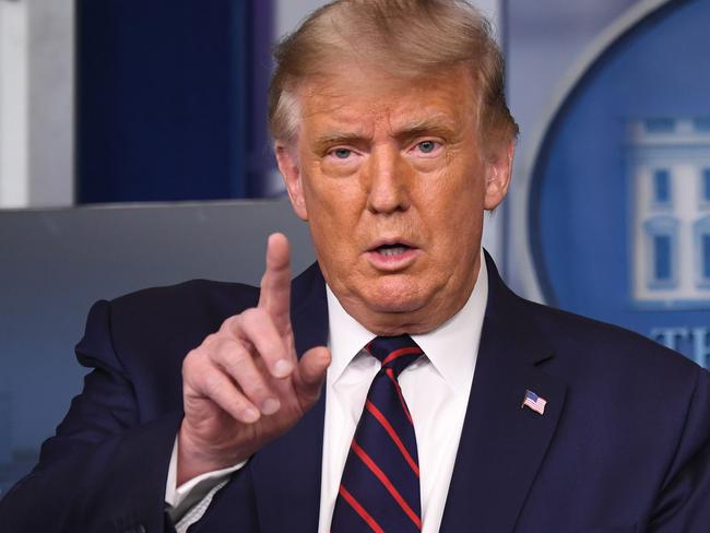 US President Donald Trump speaks during a press conference in the Press Briefing Room of the White House in Washington, DC, August 23, 2020. - American authorities announced an emergency approval of blood plasma from recovered coronavirus patients as a treatment against the disease that has killed over 176,000 in the US. (Photo by SAUL LOEB / AFP)