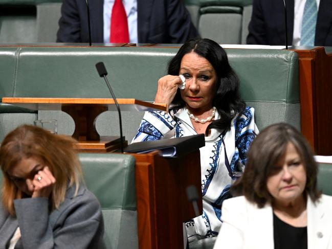 Ms Burney wipes away tears after delivering her valedictory speech. Picture: AAP