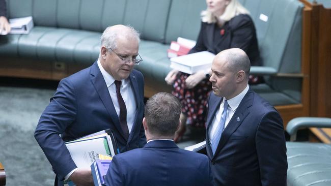 Prime Minister Scott Morrison with Treasurer Josh Frydenberg during Question Time in the House of Representatives in Parliament House in Canberra. Picture: NCA NewsWire / Gary Ramage