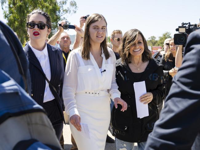 Brittany Higgins with supporters after her March4Justice speech at Parliament House, Canberra last week. Picture: Getty Images