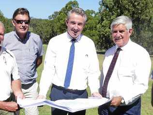 EARLY DAYS: Golf club member Matt Dougherty, Grafton District Golf Club president Trevor Townsend, surveyor Andrew Fletcher, Member for Page Kevin Hogan, Federal Aged Care Minister Ken Wyatt and the CEO of Signaturecare Graeme Croft on the site of a proposed 144-bed aged care centre to be built on land occupied by two former holes on the golf course. Picture: Tim Howard