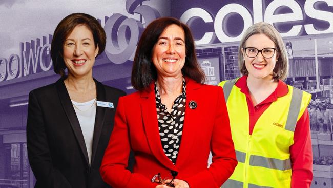 Digital mock-up of Woolworths CEO Amanda Bardwell (left), ACCC chair Gina Cass-Gottlieb and Coles CEO Leah Weckert [4x3]