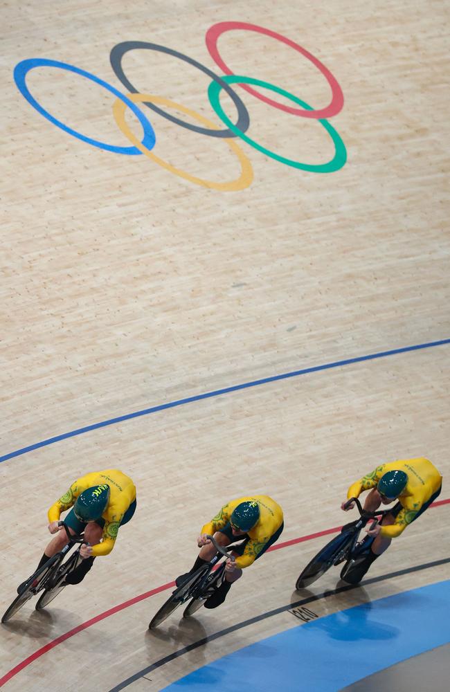 Australia's Leigh Hoffman, Matthew Richardson and Matthew Glaetzer compete in the team sprint qualifying round. Picture: AFP