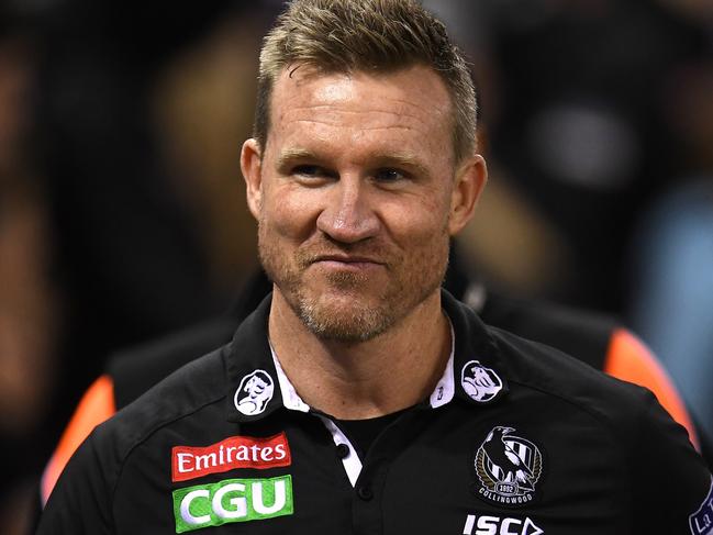 Magpies coach Nathan Buckley is seen after the Round 21 AFL match between the Collingwood Magpies and the Brisbane Lions at Etihad Stadium in Melbourne, Saturday, August 11, 2018. (AAP Image/Julian Smith) NO ARCHIVING, EDITORIAL USE ONLY