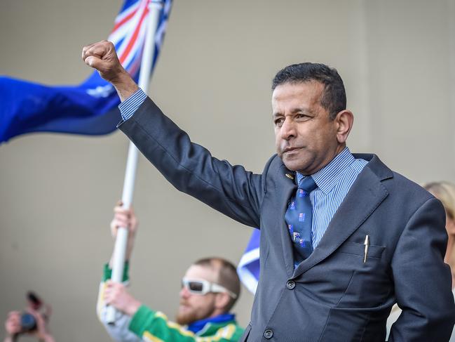 UPF Rally - The Australian National Flag Solidarity Walk. The United Patriots Front (UPF) and the True Blue Crew (TBC) march with Australian Flags through Melbourne's CBD. Anti Racist groups counter rally. Anti Islam campaigner Dr. Danny Nalliah speaks to UPF/TBC supporters. Picture: Jake Nowakowski