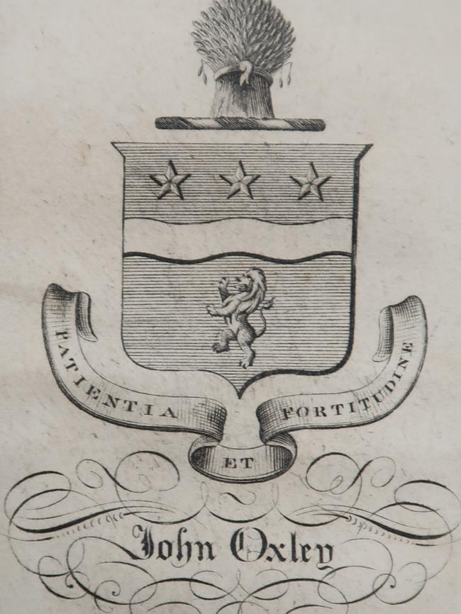 Copy of John Oxley’s book plate. Original held by Mitchell Library. Picture: Supplied