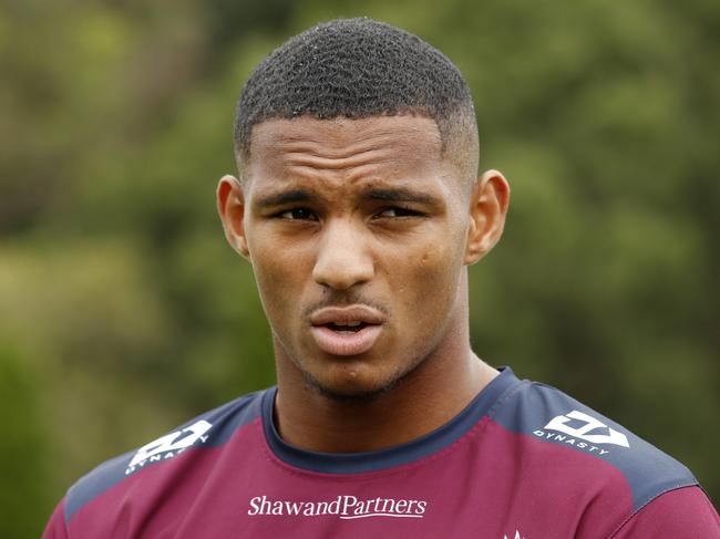 Manly Warringah Sea Eagles player Jason Saab speaking to the media during a training session at the Sydney Academy of Sport and Recreation in North Narrabeen. Picture: Jonathan Ng