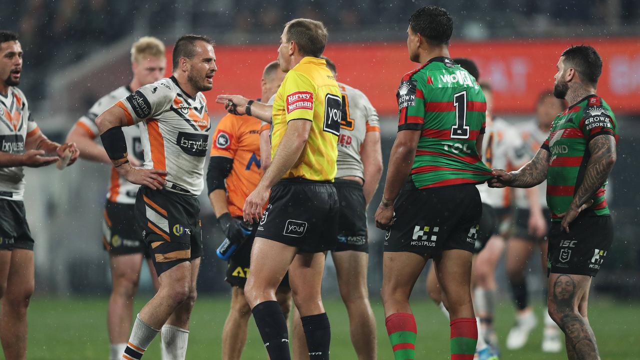 Tigers’ Josh Reynolds and Souths’ Latrell Mitchell have words during the Round 9 NRL at Bankwest Stadium. Picture: Brett Costello