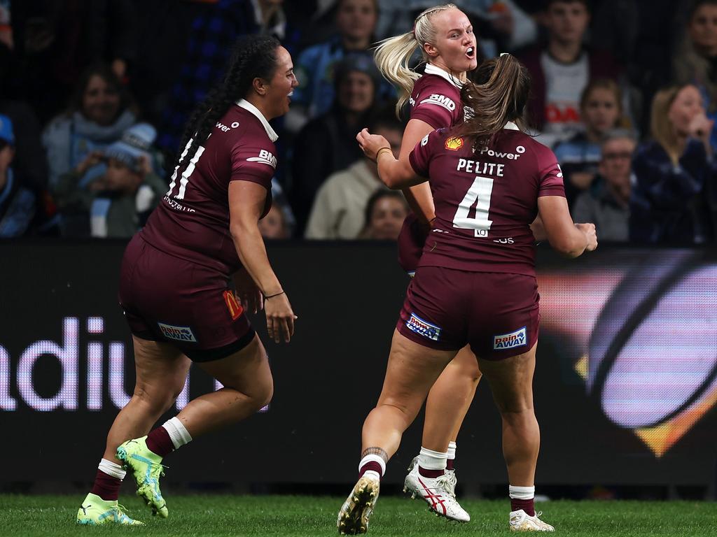 SYDNEY, AUSTRALIA – JUNE 01: Emily Bass of the Maroons celebrates scoring a try during game one of the Women's State of Origin series between New South Wales and Queensland at CommBank Stadium on June 01, 2023 in Sydney, Australia. (Photo by Mark Kolbe/Getty Images)