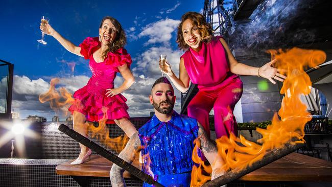 Brisbane Festival artistic director Louise Bezzina (right) with Neridah Waters from Common People Dance project and Kryptonite pictured on Fiume Rooftop. Picture: Nigel Hallett