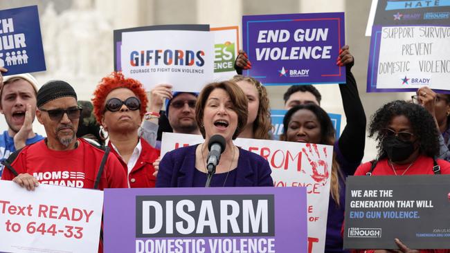 Democrat senator Amy Klobuchar speaks to a gun-control rally outside US Supreme Court on Tuesday. Picture: AFP