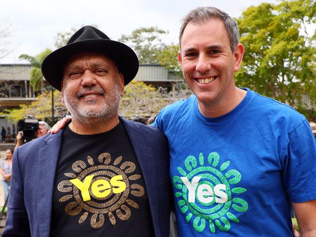 BRISBANE, AUSTRALIA - NewsWire Photos SEPTEMBER 29, 2023: Federal Treasurer Jim Chalmers and Indigenous leader Noel Pearson during the Yes launch at the University of Queensland in Brisbane. Picture: NCA NewsWire/Tertius Pickard