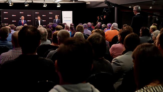 A crowd of 100 watch on as Jay Weatherill, Nick Xenophon and Steven Marshall take questions. Picture: AAP / Tracey Nearmy