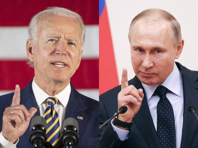 (COMBO) This combination of files pictures created on June 7, 2021 shows then Democratic presidential candidate Joe Biden (L) speaking in Darby, Pennsylvania, on June 17, 2020, and Russian President Vladimir Putin speaking during a meeting with Russian athletes and team members at the Novo-Ogaryovo state residence outside Moscow on January 31, 2018. - A call on February 12, 2022, between President Biden and his Kremlin counterpart Putin on the Russian troops massing next to Ukraine ended after one hour and two minutes, the White House said. "President Biden's secure call with Russian President Putin was completed at 12:06" pm (1706 GMT), an official said. The call started at 1604 GMT. (Photo by Jim WATSON and Grigory DUKOR / various sources / AFP)