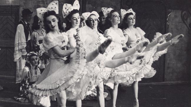 Joan Halliday (far left) leading the way as part of a dance troupe in 1938.