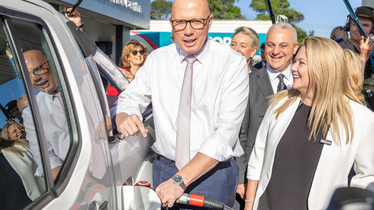 Peter Dutton visits a petrol station in Carlingford in Sydney to discuss fuel prices on the campaign trail for the 2025 federal election. Picture Thomas Lisson / NewsWire