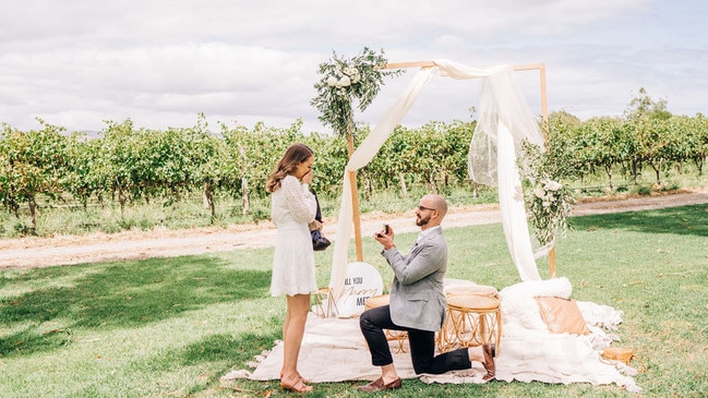 Steven Athinodorou proposed to Jacinta Athinodorou at Mollydooker Wines in McLaren Vale. Picture: Dani Barlette Photography