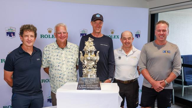 Adrian Stead, tactician, Caro, Ronald Epstein - Bacchanal, Jules Hall - Disko Trooper_Contender Sailcloth, David Griffith, skipper - Whisper, and Anthony Johnston - URM Group, with The Tattersall Cup, Awarded to the Overall Winner of the Rolex Sydney Hobart Yacht Race. Picture: Justin Lloyd.