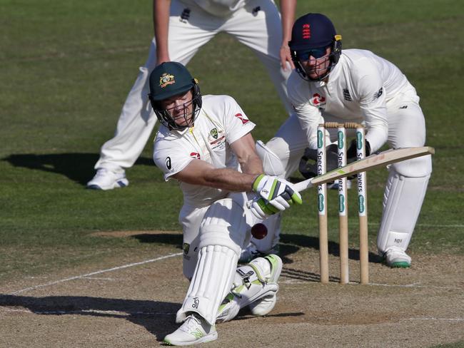 Tim Paine plays a shot during the drawn match between England Lions and Australia A.