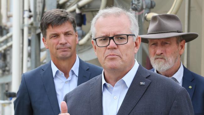 Prime Minister Scott Morrison with Energy Minister Angus Taylor and member for Grey, Rowan Ramsey. Picture: NCA NewsWire / Dean Martin.