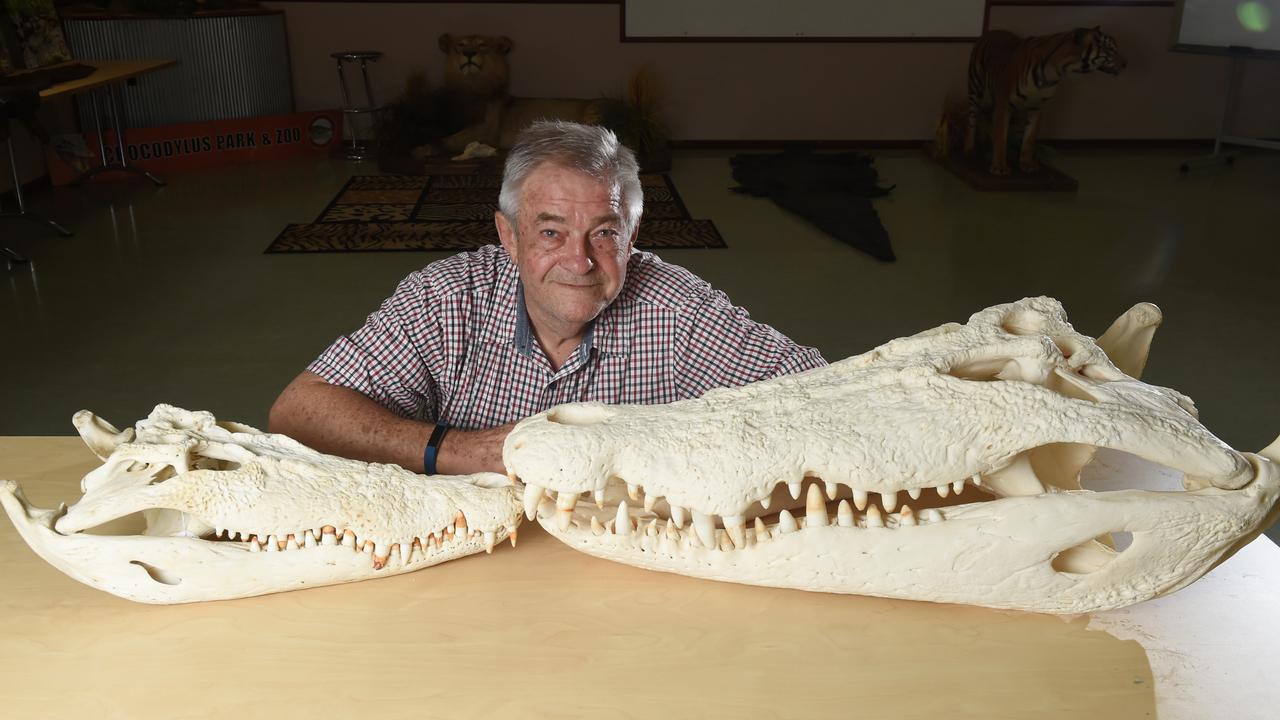 Professor Grahame Webb with the skull of a 5.5 meter monster crocodile - compared with a 3.3 meter crocodile skull at Crocodylus Park.