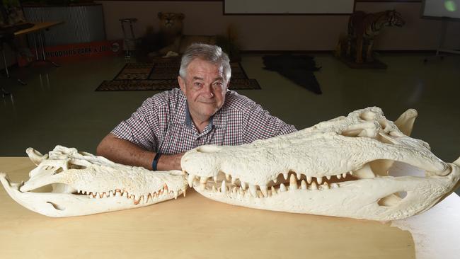 Professor Grahame Webb with the skull of a 5.5 meter monster crocodile - compared with a 3.3 meter crocodile skull at Crocodylus Park.