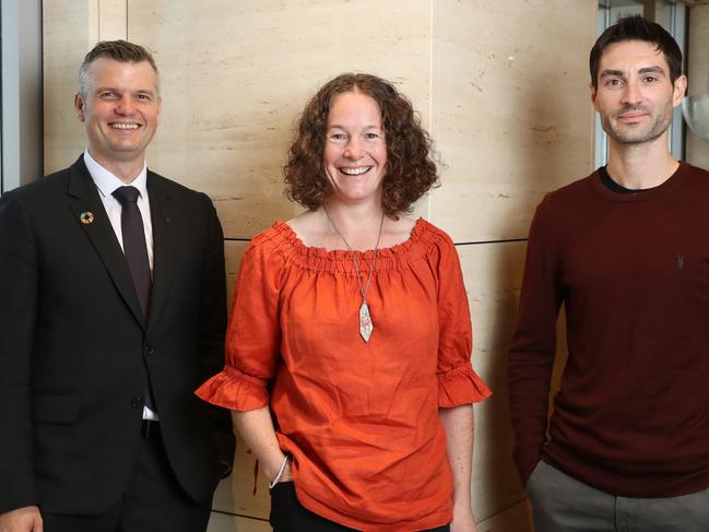 13/9/23: Tom Hall, Global Head Social Impact and Philanthropy, Susan Clear, Head of Impact Investing, Macquarie Group Foundation and Ben Smith, Head of Impact Investing, Paul Ramsay Foundation at UBS, Sydney. The are participants in an impact investing roundtable. John Feder/The Australian.