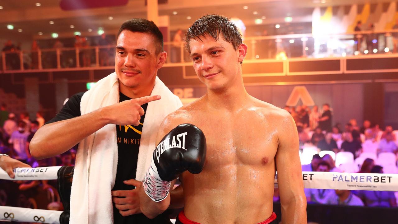 BRISBANE, AUSTRALIA - MARCH 03: Nikita Tszyu celebrates winning with his brother Tim Tszyu during the Super Welterweight bout between Nikita Tszyu and Aaron Stahl at Nissan Arena on March 03, 2022 in Brisbane, Australia. (Photo by Chris Hyde/Getty Images)