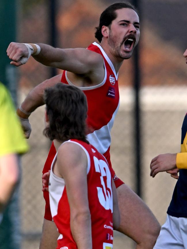 EDFL: Judd Brewster celebrates a goal for Glenroy. Picture: Andy Brownbill