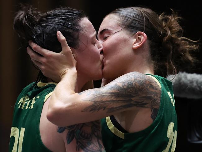 UTSUNOMIYA, JAPAN - MAY 05: Marena Whittle #21 and Anneli Maley #24 of Australia celebrates the victory after the WomenÃ¢â¬â¢s Final match between Australia and CanadaÃÂ on day three of the FIBA 3x3 Olympic Qualifying Tournament 2 at Light Cube Utsunomiya on May 05, 2024 in Utsunomiya, Tochigi, Japan.  (Photo by Takashi Aoyama/Getty Images)