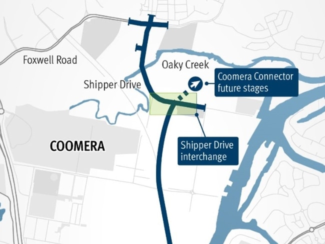 The Coomera Connector and how the new motorway in Stage One stops at the Shipper Drive interchange at Coomera.