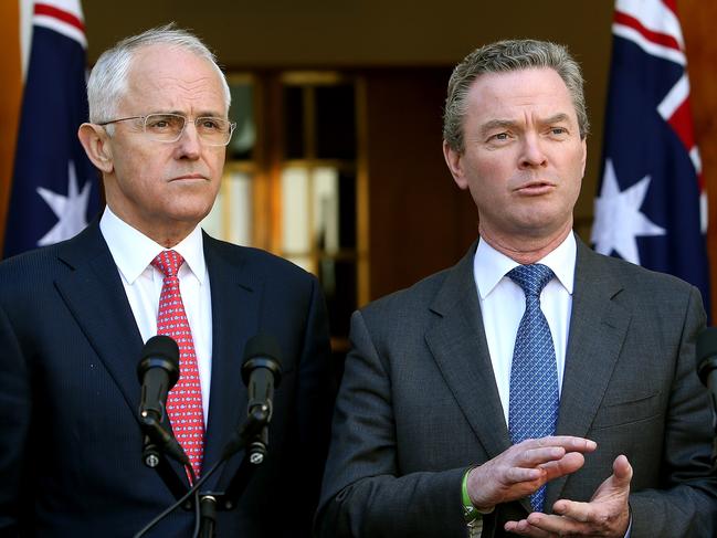 PM Minister Malcolm Turnbull, Minister for Defence Industry Christopher Pyne at a press conference in the Prime Ministers Courtyard at Parliament House in Canberra. Picture Kym Smith