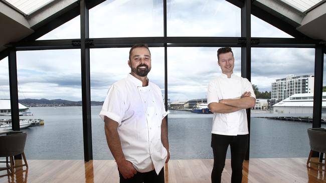 new happenings in the Hobart eatery scene - Aloft by the Pilgram people opens in Brooke St Pier, picture of chefs from left, Glenn Byrnes and Christian Ryan,