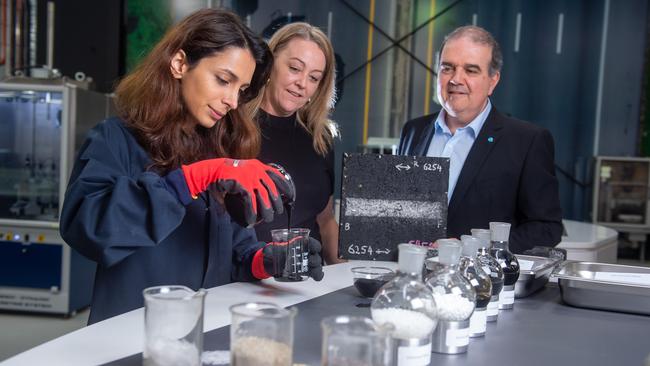 Alexis Davison from Major Road Projects Victoria (centre), Michael Caltabiano, CEO of the Australian Road Research Board (right), and Negin Zhalehjoo. Picture: Jay Town