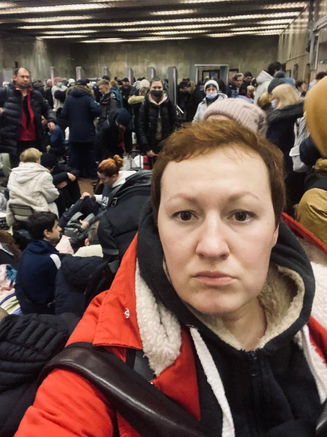 Helen Chernonok takes cover in the subway in Ukraine.