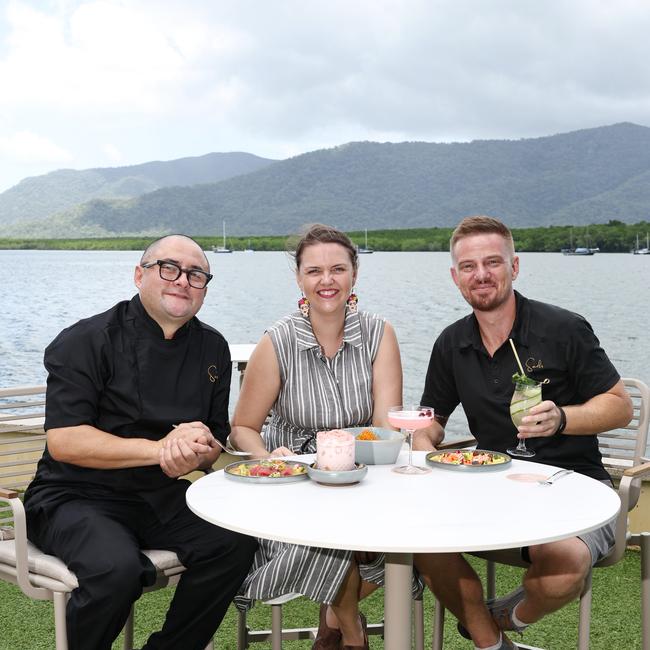 Sails restaurant and bar is now open on Trinity Inlet, in the location of the former Mondos restaurant. Sails head chef Karel Polo Solis, venue manager Emily Williams and head of hospitality Roman Haslinger enjoy the Nikkei inspired Peruvian-Japanese cuisine while soaking in the waterfront views with a cocktail. Picture: Brendan Radke